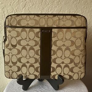 Coach: Signature Khaki Brown Padded IPad/E-Reader Bag- Pockets- Silver Tone